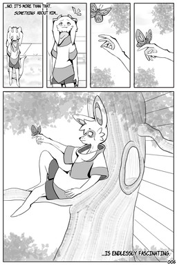 ambiguous_gender anthro biped bottomwear building clothing comic_panel duo front_view fur grass hoodie house male markings narration page_number pattern_clothing plant road shorts side_view sidewalk solo spots spotted_body spotted_fur striped_clothing stripes sweater text topwear tree window yumuyumu mythology lei_(yumuyumu) zinc_(yumuyumu) arthropod bovid butterfly canid canine canis caprine dragon fox goat hybrid insect jackal lepidopteran mammal mythological_creature mythological_scalie scalie wolf 2:3 comic digital_drawing_(artwork) digital_media_(artwork) english_text greyscale hi_res monochrome