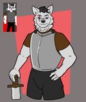 2024 anthro armor black_bottomwear black_clothing black_nose black_pants blue_eyes bottomwear brown_clothing brown_shirt brown_topwear canid canine canis clothed_male clothing danny_smoke_in_furry_land digital_media_(artwork) eye_scar facial_scar fur goagandbat grey_body grey_fur hand_on_hip heterochromia hi_res looking_at_viewer male mammal marshall_the_wolf melee_weapon monotone_body monotone_fur pants portrait red_eyes reference_image scar shirt simple_background solo sword three-quarter_portrait topwear weapon wolf