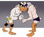 anthro athletic athletic_anthro athletic_male bodily_fluids briefs clothing duo feathers knee_pads male male/male mask nipples purple_briefs purple_clothing purple_underwear sweat underwear white_body white_feathers wrestling wristband yellow_briefs yellow_clothing yellow_eyes yellow_underwear hunter-husky darkwing_duck disney ducktales drake_mallard negaduck anatid anseriform avian bird duck hi_res