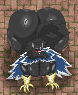 anthro big_butt big_muscles big_pecs black_sclera blush bodily_fluids bubble_butt butt cloak clothing dark_body dark_fur fur huge_butt male muscular muscular_anthro muscular_male nipple_piercing nipples pecs piercing purple_eyes scar solo sweat sweaty_butt sweaty_legs sweaty_pecs sweaty_thighs tail teeth thick_thighs wide_hips mgdire671 elden_ring fromsoftware blaidd_(elden_ring) canid canine canis mammal wolf absurd_res hi_res