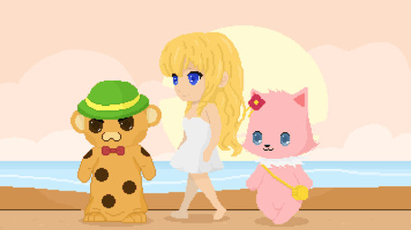 >:3 anthro bag biped blue_eyes blush bottomwear bow_(feature) bow_tie breasts clothed clothed_anthro clothed_female clothing colored_nails duo eyelashes eyes_closed fangs female flower footwear fur group hat hat_only headgear headgear_only headwear headwear_only looking_at_viewer mailbag male male_anthro mascot mostly_nude moving_background nails pawpads paws pink_body pink_fur plant round_ears sitting smile teeth white_body white_fur xinyu amagi_brilliant_park fan_character latifa moffle tirami canid canine canis domestic_dog haplorhine human mammal monkey pomeranian primate spitz animated shaded