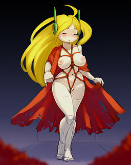 bdsm blonde_hair bondage bound breasts clothed clothing erect_nipples eyes_closed female genitals hair joints machine nipples not_furry off_shoulder partially_clothed pussy_floss restraints rope rope_bondage rope_harness solo standing torn_clothing vulva gekasso cave_story curly_brace android humanoid robot robot_humanoid 2021 digital_media_(artwork) full-length_portrait hi_res portrait shaded