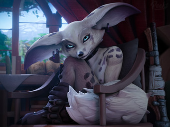 anthro big_ears blue_eyes breasts chair choker claws clothing collar ear_piercing feet female floppy_ears fur fur_markings furniture grey_nipples jewelry legwear looking_at_viewer markings necklace nipples pawpads paws peeks_(vulpera piercing pillow skinny small_breasts solo stockings tail vixenpeeks blizzard_entertainment warcraft peeks_(vulpera) canid canine fennec_fox fox mammal true_fox vulpera 3d_(artwork) 4:3 digital_media_(artwork) hi_res watermark