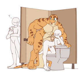 almost_caught anthro bathroom big_muscles biped cellphone electronics erection genitals green_eyes group humanoid_genitalia humanoid_penis male male/male muscular muscular_anthro muscular_male nipple_piercing nipple_ring nipples penis penis_size_difference phone piercing public_restroom ring_piercing scales size_difference slim_human slim_male smartphone tongue tongue_out trio yellow_body yellow_scales intven96 anon human mammal python reptile scalie snake 2025 hi_res