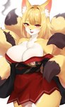 5_fingers 6_tails anthro asian_clothing bare_shoulders big_breasts biped black_body black_claws black_clothing black_fur black_nose black_tail black_tail_tip blonde_hair breasts brown_body brown_fur brown_tail brown_tail_tip chest_tuft claws cleavage clothed clothing countershade_face countershade_fur countershade_legs countershade_neck countershade_torso countershading curvy_figure cute_fangs dipstick_tail dress east_asian_clothing eyelashes eyeliner fangs female female_anthro finger_claws fingerpads fingers fluffy fluffy_tail front_view fully_clothed fur glistening glistening_hair gloves_(marking) hair holding_kiseru holding_object holding_pipe holding_smoking_pipe hourglass_figure humanoid_hands inner_ear_fluff japanese_clothing kemono kiseru long_hair looking_at_viewer makeup markings monotone_hair multi_tail multicolored_body multicolored_fur multicolored_tail obi obijime open_mouth open_smile pawpads pink_inner_ear pink_pawpads pink_tongue pupils red_clothing red_dress red_eyeliner red_eyes simple_background smile smoking smoking_pipe solo standing tail tail_markings teeth tongue tuft two_tone_tail whiskers white_background white_body white_countershading white_fur white_inner_ear_fluff wide_hips yellow_body yellow_ears yellow_fur yellow_tail manmaru_mao canid canine fox mammal 2024 absurd_res colored digital_media_(artwork) hi_res portrait shaded three-quarter_portrait