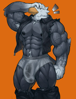 abs anthro areola armpit_hair barazoku beak biceps big_bulge big_muscles body_hair bottomwear bottomwear_down bulge chest_hair clothed clothing deltoids detailed_bulge emanata erection erection_under_clothing feathers genital_outline hand_on_head happy_trail huge_bulge huge_muscles looking_at_viewer male manly muscular muscular_anthro muscular_male navel nipples non-mammal_nipples obliques open_clothing open_topwear open_vest orange_background pants pants_down partially_clothed pecs penis_outline pubes quads simple_background smile solo standing thick_arms thick_thighs topwear tuft underwear vein veiny_muscles vest mixterart animal_crossing nintendo apollo_(animal_crossing) accipitrid accipitriform avian bald_eagle bird eagle sea_eagle 2025 absurd_res hi_res