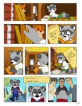 anthro book bottomwear cheek_tuft clothed clothing container detailed_background dialogue dipstick_tail eyes_closed eyewear facial_tuft feet_together food footwear fully_clothed gloves_(marking) jacket male markings not_furry pizza pizza_box plushie reading reading_book shoes speech_bubble tail tail_markings text tongue tongue_out topwear tuft pandapaco art_(pandapaco) ailurid canid canine fox human mammal procyonid raccoon comic hi_res