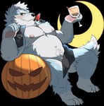 2021 alpha_channel animated anthro belly blue_body blush canid canine canis food fruit genitals halloween holidays kemono male mammal moobs moon nipples penis plant pumpkin short_playtime simple_background sitting slightly_chubby solo transparent_background v2wolf white_body wolf