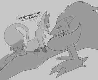 anthro anthro_on_feral anthro_penetrating anthro_penetrating_feral balls bestiality dialogue duo feral feral_penetrated genitals knot male male/male male_penetrated male_penetrating male_penetrating_male penetration penis sex size_difference smaller_penetrated speech_bubble tail tail_around_penis tail_fetish tail_penetration tail_play tail_sex tailjob teasing text servali_sketch nintendo pokemon canid canine generation_5_pokemon generation_8_pokemon mammal nickit pokemon_(species) zoroark 2022 english_text greyscale hi_res monochrome