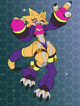anthro bikini bikini_top clothing female horn jacket leg_warmers legwear one_eye_closed solo swimwear thick_thighs thigh_strap thong topwear two-piece_swimsuit underwear wink yellow_body rokuromon bandai_namco digimon betelgammamon digimon_(species) scalie hi_res