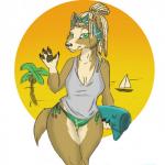 1:1 2018 anthro beach bikini blonde_hair boat breasts brown_body brown_fur canid canine canis circle claws clothed clothing coconut detailed_background digital_media_(artwork) domestic_dog dreadlocks drupe_(fruit) female food front_view fruit fur green_eyes hair hi_res looking_at_viewer mammal outside palm_tree plant portrait ruby-kila sand sea seaside shirt simple_background sky smile solo standing swimwear thick_thighs three-quarter_portrait topwear towel tree vehicle water watercraft wide_hips