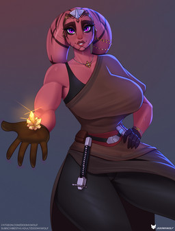 big_breasts breasts clothing collarbone eyebrows eyelashes female gem gloves hand_on_hip handwear jewelry lekku_(anatomy) lekku_jewelry lekku_tattoo lightsaber melee_weapon necklace not_furry purple_eyes red_body red_skin solo thick_thighs weapon wide_hips doomthewolf star_wars alien alien_humanoid humanoid twi'lek 2025 hi_res