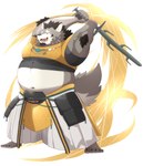 anthro asian_clothing belly clothing east_asian_clothing grey_body humanoid_hands japanese_clothing kemono male navel overweight overweight_male solo weapon take_tsugu_roh tamacolle yamato_(tamacolle) canid canine canis mammal wolf 2022 hi_res