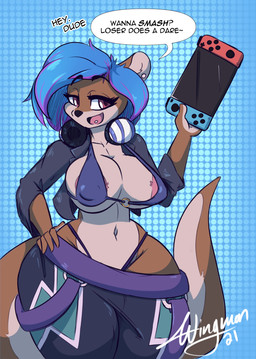 anthro asking asking_viewer big_breasts big_tail breasts brown_body brown_fur clothing curvy_figure dialogue ear_piercing female fur g-string gaming hair huge_hips inviting male piercing playing_video_game question small_waist solo speech_bubble tail talking_to_viewer text thick_thighs tongue tongue_piercing underwear wide_hips year yes-no_question wingmandraws nintendo nintendo_switch ramona_(wingmandraws) mammal mustelid otter 2021 dated english_text hi_res signature