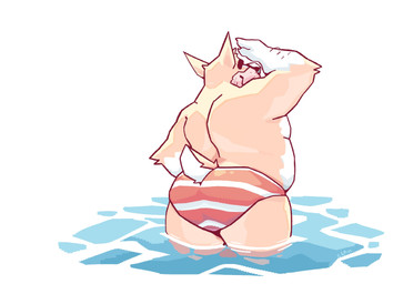 anthro arm_hair belly big_belly body_hair bottomwear clothed clothing fur male male_anthro mouth_closed orange_body orange_fur overweight overweight_anthro overweight_male partially_submerged rear_view solo standing topless water white_body white_bottomwear white_clothing white_fur chocolateandmilk richard_(chocolateandmilk) canid canine canis domestic_dog mammal 2022 dated hi_res signature