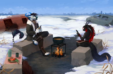 ambiguous_gender anthro black_body black_bottomwear black_clothing black_fur black_hair black_pants black_sclera black_teeth black_topwear blue_claws blue_eyes blue_horn blue_sky bottomwear brown_clothing brown_topwear building campfire car cheek_tuft city claws clothed clothing cooking crossed_legs duo facial_tuft food fruit fur glistening glistening_eyes grey_clothing grey_topwear grin hair horn markings meat multicolored_hair outside pants plant potato red_hair sitting sky smile snow striped_markings striped_tail stripes tail tail_markings teeth three-quarter_view tomato topwear tuft two_tone_hair unsigned vegetable vehicle white_body white_fur yellow_eyes corzh77 mythology dragon furred_dragon furred_scalie mythological_creature mythological_scalie scalie absurd_res hi_res