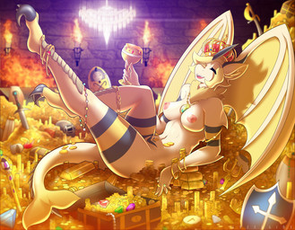 anthro breasts coin container crown cup eyes_closed female fin food glistening goblet gold_(metal) gold_coin hair headgear honey_(food) horn jewelry membrane_(anatomy) membranous_wings nipples non-mammal_breasts nude raised_leg shield solo tail treasure wings lysergide mythology aquatic arthropod bee dragon fish hybrid hymenopteran insect mythological_creature mythological_scalie scalie shark 2015