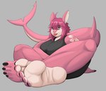 anthro black_clothing black_shirt black_topwear claws clothing crossed_legs curling_toes eyebrows feet female fin foot_fetish foot_focus green_eyes hair hindpaw humanoid_feet long_ears long_hair long_tail looking_at_viewer multicolored_body paws pink_body pink_hair pink_scales pink_skin plantigrade raised_eyebrows scales shark_tail shirt smile soles solo tail tank_top toe_claws toes tongue tongue_out topwear two_tone_body two_tone_feet unsavory_stash cherry_(cherrytheshark) fish marine shark hi_res