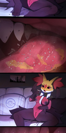 anthro bodily_fluids breasts digestion_implied extreme_size_difference female female/female food_in_stomach genitals inside_stomach macro mass_vore micro multiple_prey pokemorph shrunken size_difference solo stomach_acid text vore vulva ti-suger nintendo pokemon delphox generation_6_pokemon pokemon_(species) absurd_res comic english_text hi_res long_image tall_image