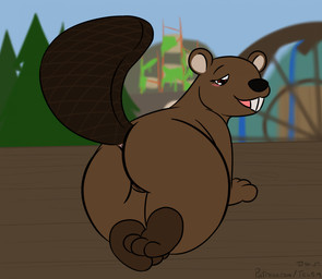 anthro blush butt female genitals looking_at_viewer looking_back outside plant presenting presenting_hindquarters presenting_vulva raised_tail ruins solo tail text tree vulva water_wheel telem timberborn beaver mammal rodent hi_res url