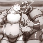 anthro beard belly big_belly cigar clothing duo facial_hair hat headgear headwear humanoid_hands male male/male moobs nipples overweight overweight_male smoking suspenders underwear grisser bear_in_the_big_blue_house disney united_states_forest_service bear_(bitbbh) smokey_bear bear mammal 1:1 2017 absurd_res hi_res