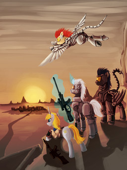 alternate_universe armor banana_magazine black_hair blade blue_eyes clothed clothing cutie_mark day eyelashes eyewear female feral flying goggles greaves group gun hair headgear helmet horn magic male mane mechanical_wings outside pip-boy ranged_weapon red_hair scope smile standing sun tail tail_blade weapon weapon_tail white_hair wings dalagar fallout fallout_equestria hasbro microsoft my_little_pony mythology fan_character equid equine mammal mythological_creature mythological_equine pegasus unicorn 3:4 hi_res