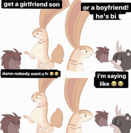 bodily_fluids crying dialogue emoji encouragement female feral group humor male tears text trio clockstops3am conditional_dnp damn_nobody_want_u_fr feral_fever_frenzy darlene_(labbit) granite_(labbit) snail_(labbit) eulipotyphlan hedgehog lagomorph leporid mammal mephitid rabbit skunk english_text hi_res meme