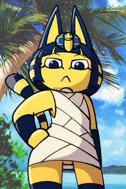 anthro areola bandage bangs big_breasts blue_eyes blue_hair blush blush_stickers bob_cut breast_expansion breasts expansion female frown hair hand_on_hip hand_on_own_hip huge_breasts looking_at_viewer looking_away markings nipples noseless orange_areola orange_nipples outside palm_tree plant short_hair solo striped_markings striped_tail stripes tail tail_markings tree uraeus wrapping wrappings wraps yellow_body yellow_inner_ear sachasketchy animal_crossing nintendo ankha_(animal_crossing) domestic_cat felid feline felis mammal 2023 2:3 animated digital_media_(artwork)