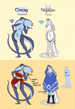 anthro aquarius_(symbol) astrological_symbol blue_body blue_scales breasts clothed clothed_anthro clothed_female clothing duo female genitals hood nipples nude nude_anthro nude_female pisces_(symbol) pubic_tattoo scales standing symbol tail tattoo text vulva western_zodiac_symbol zummeng emery_(zummeng) neptune_(zummeng) cobra reptile scalie snake character_name english_text hi_res model_sheet