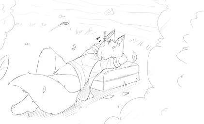 anthro biped blush featureless_crotch hands_behind_back inner_ear_fluff leaf lying male on_back outside simple_eyes solo tuft wind kimacats absurd_res hi_res monochrome