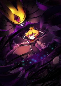 blonde_hair clothing crown dress duo ear_piercing female gloves hair handwear headgear lipstick makeup not_furry piercing possession red_eyes smile koidrake mario_bros nintendo paper_mario princess_peach shadow_queen shadow_queen_(peach) ghost human humanoid mammal shadow_siren spirit 2018