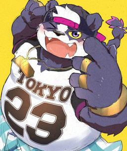 anthro belly blush braided_hair braided_ponytail fur hair male one_eye_closed overweight ponytail purple_body purple_eyes purple_fur ring smile solo wink yellow_sclera suna_sand1 lifewonders tokyo_afterschool_summoners alp_(tas) bear giant_panda mammal adversarial_noise hi_res