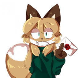 anthro clothing dipstick_ears dipstick_tail ear_markings envelope female female_anthro green_clothing green_eyes green_shirt green_sweater green_topwear hair looking_at_viewer markings multicolored_ears shirt smile smiling_at_viewer solo sweater tail tail_markings topwear conditional_dnp fiddleafox nintendo super_smash_bros. averi_(fiddleafox) canid canine fox mammal red_fox true_fox digital_drawing_(artwork) digital_media_(artwork) hi_res