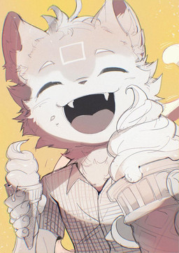 5_fingers anthro claws clothed clothed_anthro clothed_male clothing countershade_face countershade_fur countershade_torso countershading criss-cross_shirt dessert facial_markings fangs finger_claws fingers food forehead_markings fur head_markings holding_food holding_ice_cream holding_ice_cream_cone holding_object ice_cream ice_cream_cone inner_ear_fluff male markings offering_food one_eye_closed open_mouth open_smile pattern_clothing pattern_shirt pattern_topwear shirt smile smiling_at_viewer solo tail tail_motion tailwag tan_body tan_fur tan_inner_ear_fluff teeth tongue_showing topwear tuft white_body white_countershading white_fur white_markings chiayeeee domestic_cat felid feline felis mammal 2024 chromatic_aberration digital_drawing_(artwork) digital_media_(artwork) half-length_portrait portrait