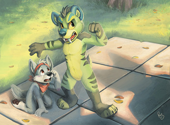 angry anthro big_fangs bodily_fluids crying duo fangs featureless_crotch fur glistening glistening_eyes gloves_(marking) grass green_body green_fur grey_body grey_fur kerchief leg_markings logo male male_anthro markings navel neckerchief neckwear nude open_mouth plant protecting red_kerchief red_neckerchief red_tongue sad socks_(marking) standing striped_arms striped_legs tears teeth tongue tree white_body white_fur young young_anthro young_male pandapaco canid canine felid mammal artist_logo signature