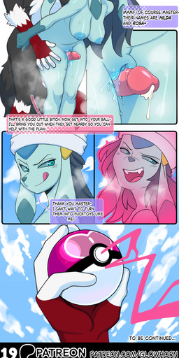 accessory after_sex after_transformation anthro big_breasts big_penis black_body black_fur black_hair blue_body blue_eyes blue_fur blue_hair blue_nose blue_skin bodily_fluids brainwashing breasts clothing corruption cum cum_drip cum_on_penis dialogue dominant dominant_male dripping drooling duo evil_face evil_grin evil_look female from_behind_position fur genital_fluids genitals hair hair_accessory hairclip happy hat headgear headwear heart_symbol holding_object hypnosis laser licking licking_lips licking_own_lips light light_beam long_ears looking_at_another looking_back looking_pleasured love_ball magic male male/female master mind_alteration mind_control nipples nude penis personality_change pokeball pokemorph red_body red_fur saliva sex sharp_teeth simple_background size_difference slave smile smirk smirking_at_another smug submissive submissive_female tail talking_to_another teeth text thigh_sex tongue tongue_out transformation using_pokeball vaginal_fluids vulva white_body white_fur glowhorn game_freak nintendo pokemon artifact_the_fox dawn_(pokemon) canid canine eeveelution fox generation_4_pokemon glaceon mammal pokemon_(species) absurd_res comic english_text hi_res