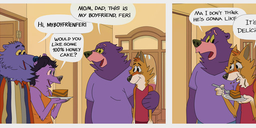 anthro blush bodily_fluids cake clothing crying cutlery dessert eating food fork honey_(food) kitchen_utensils male overweight overweight_male shirt skinny slightly_chubby tank_top tears text tools topwear osos bear canid canine canis coyote mammal comic english_text father_(lore) father_and_child_(lore) father_and_son_(lore) mother_(lore) mother_and_child_(lore) mother_and_son_(lore) parent_(lore) parent_and_child_(lore) parent_and_son_(lore) son_(lore)