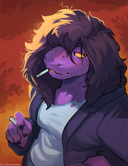 anthro breasts chalk chalk_in_mouth clothed clothing detailed_background female freckles hair hair_over_eye purple_body shirt solo topwear yellow_eyes blujaymacaw deltarune undertale_(series) susie_(deltarune) reptile scalie digital_media_(artwork) hi_res