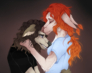 anthro arm_tuft black_clothing black_nose black_shirt black_t-shirt black_topwear blue_clothing blue_eyes blue_shirt blue_t-shirt blue_topwear brown_hair brown_nose cheek_tuft clothed clothing duo ear_tuft elbow_tuft eyelashes eyes_closed facial_tuft female fur gradient_hair grey_body grey_fur hair male male/female multicolored_hair narrowed_eyes orange_hair red_hair sad shirt side_view simple_background t-shirt teeth topwear tuft two_tone_hair unsigned santanahoffman canid mammal hi_res