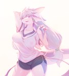 4_fingers anthro areola_outline big_breasts bottomwear breasts camel_toe clothed clothing dolphin_shorts ear_fins female fin fingers hair hand_behind_head kemono light long_hair long_tail looking_at_viewer multicolored_body multicolored_scales non-mammal_breasts open_mouth open_smile purple_body purple_eyes purple_scales scales shorts simple_background smile solo standing tail two_tone_body two_tone_scales white_background white_body white_scales whooo-ya mythology aruri aquatic_dragon dragon marine mythological_creature mythological_scalie scalie 2018 absurd_res digital_media_(artwork) hi_res lighting shaded