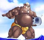 anthro beach belly big_belly bulge clothing erection genitals jewelry male mohawk musclegut muscular navel navel_rim necklace nipples pecs penis seaside slightly_chubby solo speedo stereo swimwear tenting thick_thighs gohgw1 lifewonders tokyo_afterschool_summoners ashigara_(tas) bear mammal hi_res