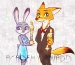 2017 abstract_background academy_awards anthro award black_tie_(suit) canid canine clothed clothing dipstick_ears dipstick_tail disney dress duo european_rabbit female fox fur green_eyes holding_award holding_object holding_oscar_statuette judy_hopps lagomorph leporid looking_away male mammal markings multicolored_ears multicolored_tail necktie nick_wilde oryctolagus oscar_statuette purple_eyes rabbit red_fox size_difference smile suit tail tail_markings true_fox velloriel zootopia