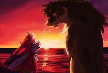 ambiguous_gender anthro beach black_lips duo eye_contact fangs fur green_body green_fur green_hair hair inner_ear_fluff lips looking_at_another outside pink_nose romantic romantic_ambiance seaside smile spots sunset teeth tuft whiskers yellow_sclera hoot_(artist) amber_(spectrumbeat) chandler alligator alligatorid avian bird canid canine crocodilian fennec_fox fox hybrid macaw mammal mustelid neotropical_parrot otter parrot reptile ruby_macaw scalie true_fox true_parrot 2016