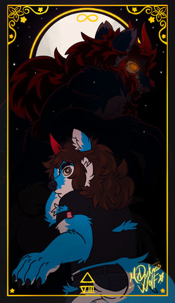 anthro card clothing glowing glowing_eyes hair horn long_hair male moon solo tarot tarot_card torn_clothing mrdarknesswolf mythology mrdarknesswolf_(character) canid canine canis demon hybrid mammal mythological_canine mythological_creature werecanid werecanine werecreature werewolf wolf hi_res