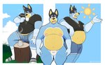 anthro areola belly belly_overhang beverage big_belly big_bulge bottomwear bulge clock clothed clothing cloud container cup day drinking eyebrows footwear fur grass holding_beverage holding_container holding_cup holding_object jewelry knee_highs knee_socks legwear looking_at_viewer male mature_anthro mature_male moobs narrowed_eyes navel necklace nipples open_mouth outside overweight overweight_anthro overweight_male plant sandals shirt shoes shorts sitting socks solo standing steam sun tea tea_cup teeth thick_thighs tongue topless topless_anthro topless_male topwear tree_stump tuft underwear watch footfoxxy bluey_(series) bandit_heeler australian_cattle_dog canid canine canis cattledog domestic_dog herding_dog mammal pastoral_dog 2025 hi_res
