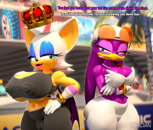 anthro beak big_breasts biped black_clothing blurred_background breast_size_difference breasts camel_toe cleavage clothed clothing crossed_arms dialogue duo eyelashes eyewear eyewear_on_head female huge_breasts nipple_outline outside pupils purple_body smile sunglasses sunglasses_on_head text thick_thighs three-quarter_view tahlian sega sonic_riders sonic_the_hedgehog_(series) rouge_the_bat wave_the_swallow avian bat bird hirundinid mammal oscine passerine swallow_(bird) 3d_(artwork) absurd_res digital_media_(artwork) english_text hi_res