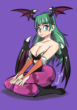 4_wings 5_fingers armwear back_wings bangs big_breasts black_boots black_clothing black_footwear black_leotard black_wings blue_eyes boots breasts bridal_gauntlets claws cleavage clothed clothed_female clothed_humanoid clothing collarbone eyebrows eyelashes female female_humanoid fingernails fingers footwear green_eyebrows green_hair hair head_wings high_heeled_boots high_heels kneeling leggings legwear leotard lips long_hair looking_at_viewer membrane_(anatomy) membranous_wings mouth_closed multi_wing nails orange_armwear orange_bridal_gauntlets orange_clothing pupils purple_background purple_clothing purple_leggings purple_legwear purple_membrane purple_wings shoes simple_background solo strapless_clothing strapless_leotard two_tone_wings unusual_wing_placement white_claws wing_claws wings tomaruchi capcom darkstalkers morrigan_aensland humanoid winged_humanoid 2020 dated hi_res signature