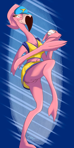 anthro ball baseball_(ball) baseball_(sport) bottomwear clothed clothing female genitals hat headgear headwear no_underwear skirt solo sport upskirt vulva yellow_eyes corrvo brand_new_animal studio_trigger the_pink_flamingos_(brand_new_animal) avian bird flamingo hi_res