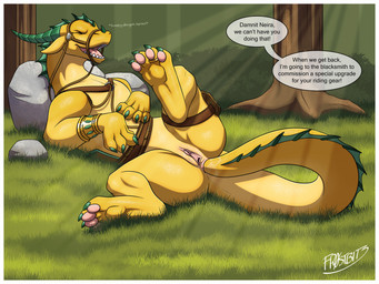 anal anal_masturbation anal_penetration female female_feral feral genitals grass harness implied_chastity lying masturbation on_back open_mouth open_smile pawpads penetration plant smile solo tail tail_fetish tail_in_ass tail_insertion tail_play text vulva fr0stbit3 mythology dragon mythological_creature mythological_scalie scalie wingless_dragon english_text hi_res