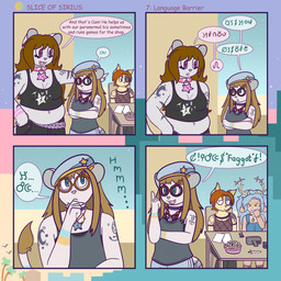 ambiguous_gender annoyed anthro belt beret big_fangs blonde_hair blue_eyes blue_hair bra brown_hair cellphone chest_binder choker clothing collar crop_top dialogue ear_piercing ear_ring electronics eyewear fangs female food fries furniture glasses grey_body hair hat headgear headwear homophobic_slur inside jewelry male miniature_model necklace pendant phone piercing pink_eyes red_eyes red_hair ring_piercing round_glasses shirt slur snickering sports_bra studded_belt studs table tan_body tank_top tattoo teeth text topwear underwear graycatluna anjay_(graycatluna) cam_(greycatluna) haley_(graycatluna) luna_(graycatluna) alien bovid caprine deer domestic_cat felid feline felis hybrid lion mammal panthera pantherine sheep 1:1 4koma comic constructed_language english_text hi_res